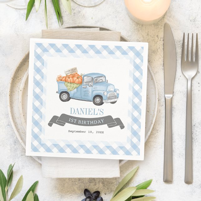 Serviette En Papier Camion Citrouille bleu En vichy Garçon 1er anniver (Créateur téléchargé)