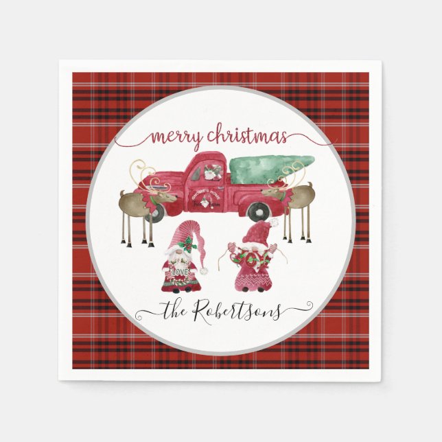 Serviette En Papier Camion Gnome Arbre Joyeux Noël Rouge Noir Plaid (Devant)