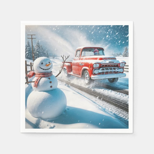 Serviette En Papier Camion Red Retro de Noël avec Snowman (Devant)