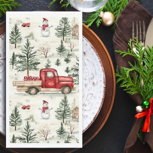 Serviette En Papier Camion rouge avec cadeaux et bonhomme de neige