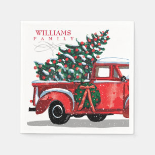 Serviette En Papier Camion vintage de ramassage rouge Nom de famille M