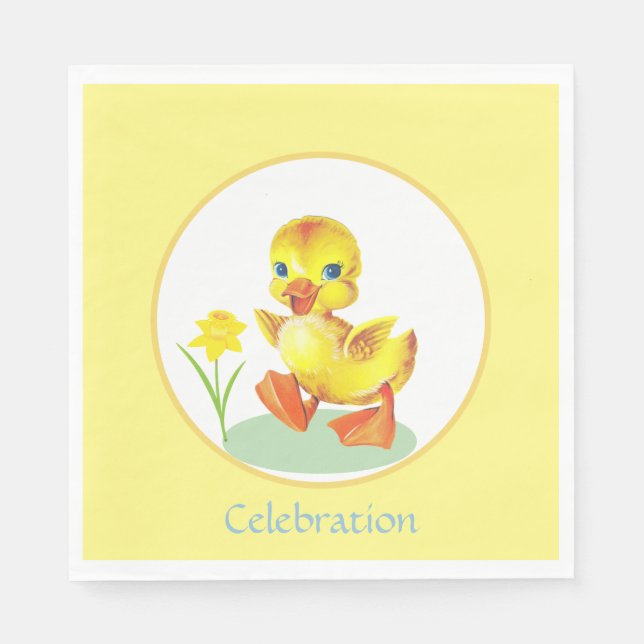 Serviette En Papier Canard d'anniversaire avec fleur sur jaune et blan (Devant)