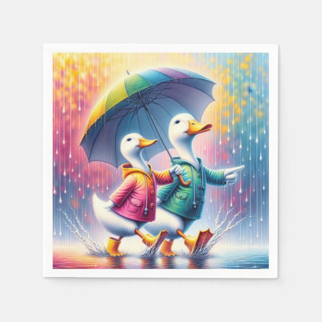 Serviette En Papier Canards Blancs Marchant Dans La Pluie (Devant)