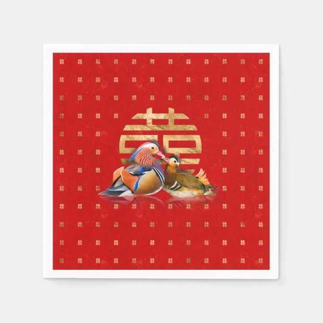 Serviette En Papier Canards mandarins et bonheur double sur rouge (Devant)