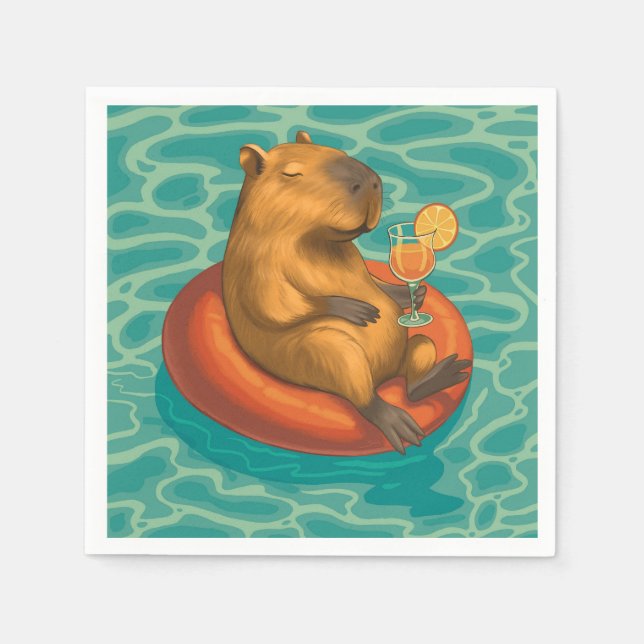 Serviette En Papier Capylara cocktail sur bouée à la piscine (Devant)