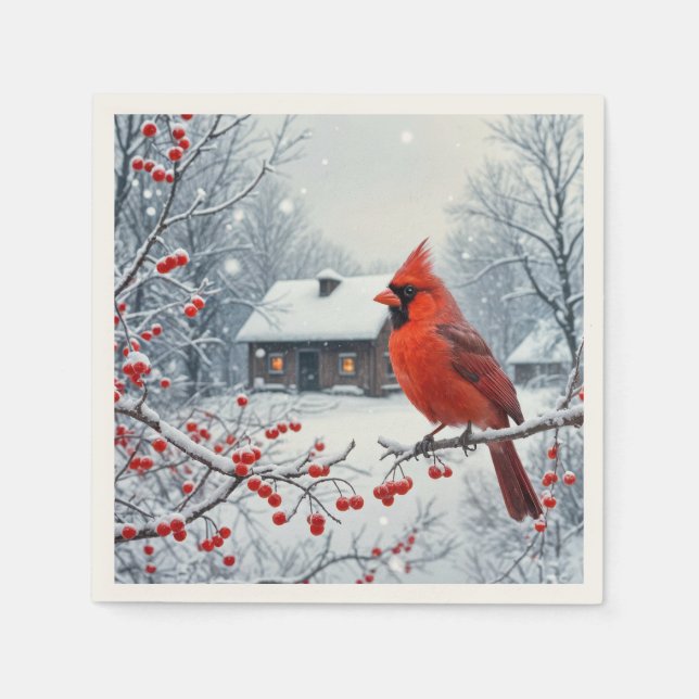 Serviette En Papier Cardinal Rouge D'Hiver Sur Berry Branch (Devant)