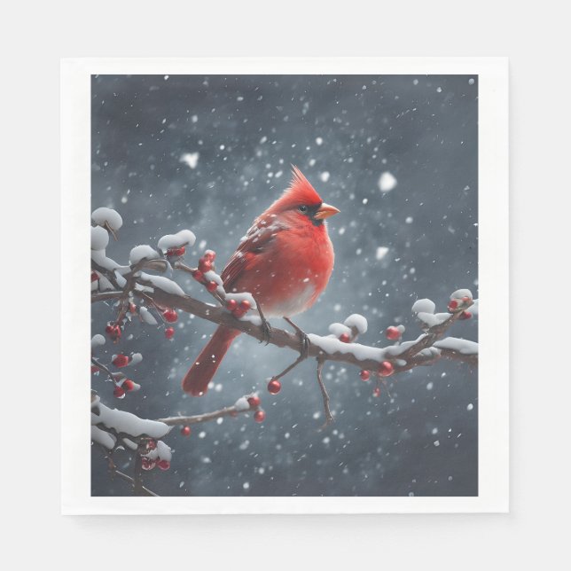 Serviette En Papier Cardinal rouge sur la branche de l'arbre en neige (Devant)
