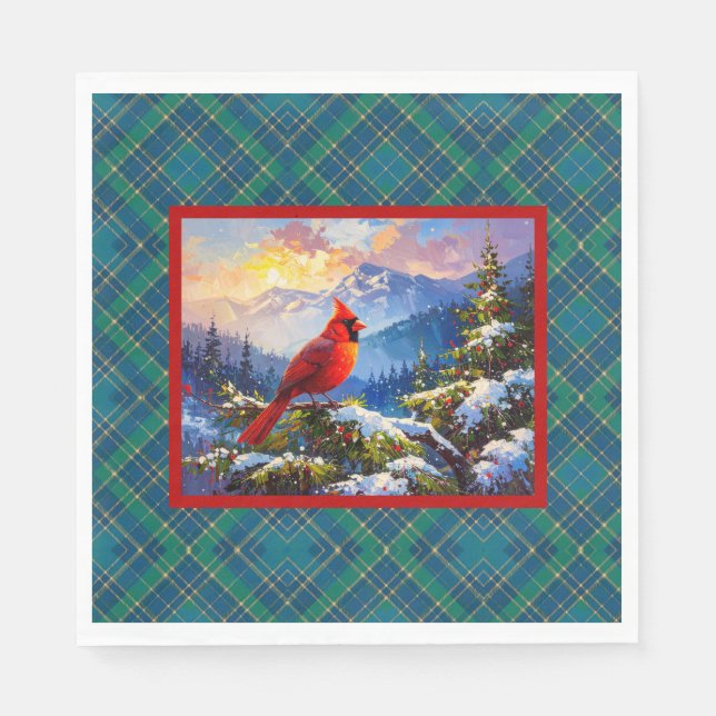 Serviette En Papier Cardinal sur Vert, Bleu, Or, Noël Plaid (Devant)