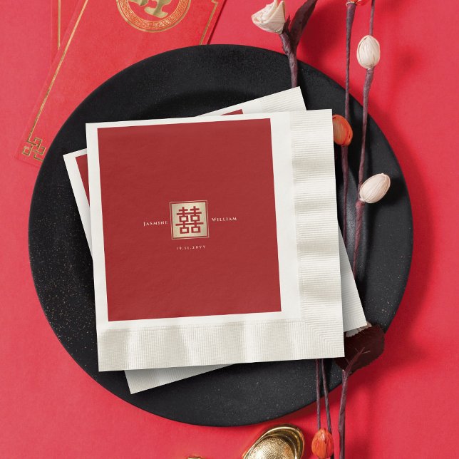 Serviette En Papier Carré rouge double bonheur or Mariage chinois (Gold/Red Classic Square Double Happiness Modern Chinese Wedding Paper Napkins @ fatfatin_red_knot)