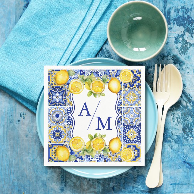 Serviette En Papier Carreaux bleus Citrons Mariage (Créateur téléchargé)