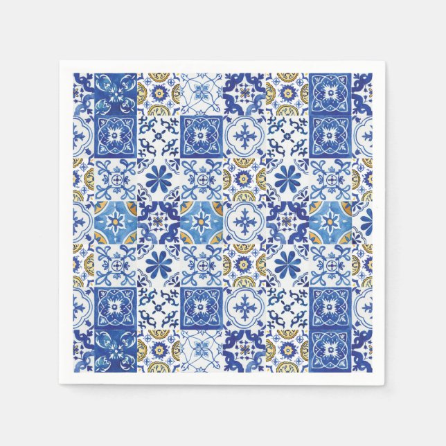 Serviette En Papier Carreaux de mosaïque méditerranéenne bleus pour fê (Devant)