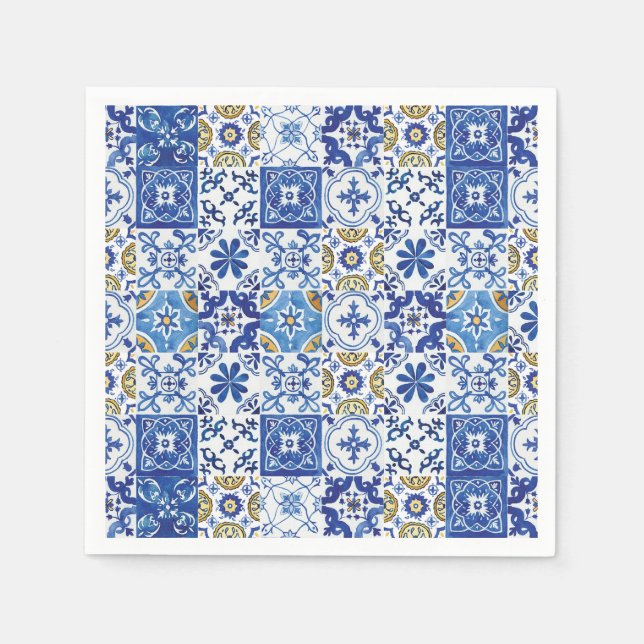 Serviette En Papier Carreaux de mosaïque méditerranéenne Blue Annivers (Devant)