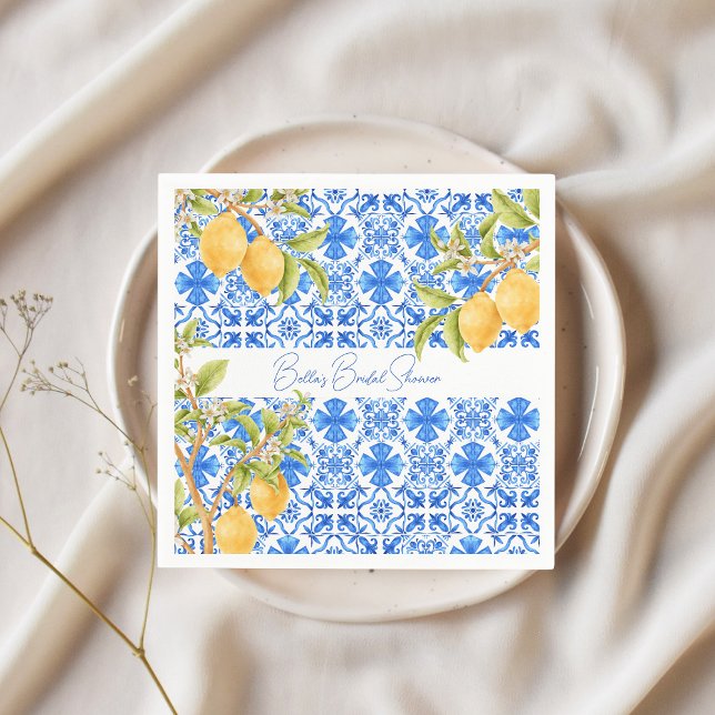 Serviette En Papier Carreaux Méditerranéens au Citron de Main Squeeze  (Blue Tiles Main Squeeze Lemons Bridal Shower napkins)