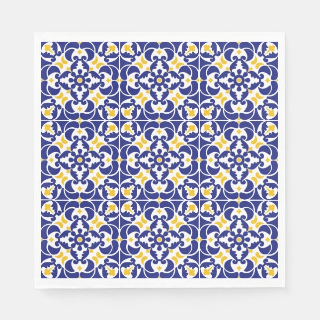 Serviette En Papier Carreaux méditerranéens Motif bleu et jaune (Devant)
