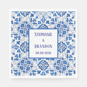 Serviette En Papier Carreaux portugais Mariage méditerranéen bleu