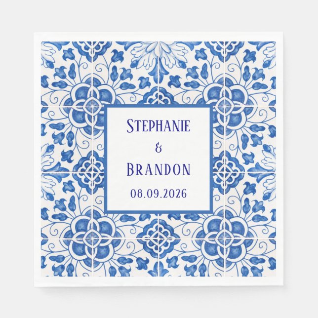 Serviette En Papier Carreaux portugais Mariage méditerranéen bleu (Devant)