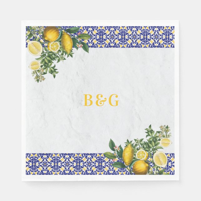 Serviette En Papier Carrelage bleu blanc jaune méditerranéen Mariage c (Devant)