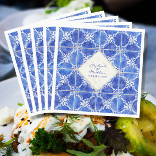 Serviette En Papier Carrelage bleu blanc Motif Mariage Aquarelle rusti