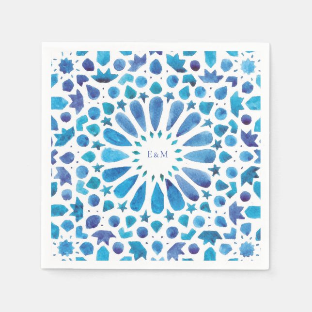 Serviette En Papier Carrelage bleu marocain Initiales Logo Mariage (Devant)