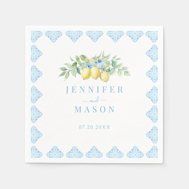 Serviette En Papier Carrelage bleu méditerranéen Citron Mariage italie (Devant)