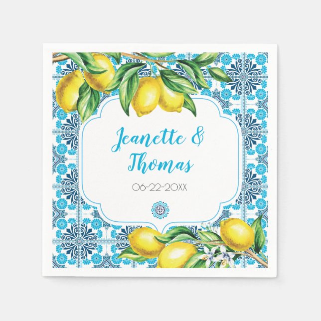 Serviette En Papier Carrelage bleu méditerranéen Citron Occasion spéci (Devant)