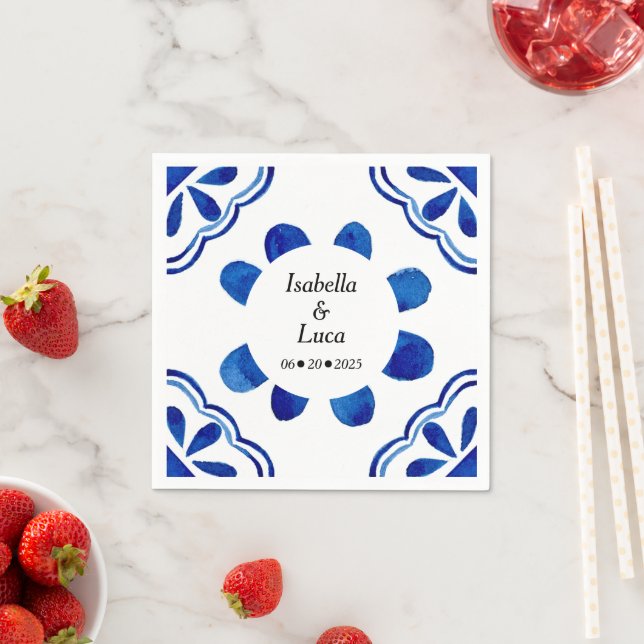 Serviette En Papier Carrelage Floral Bleu Méditerranéen Aquarelle Pein (En situation)