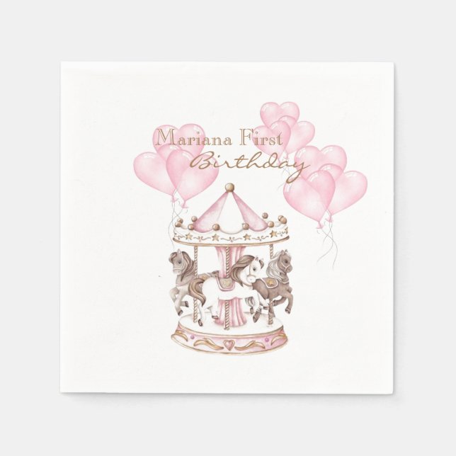 Serviette En Papier Carrousel rose Unicorne premier anniversaire (Devant)