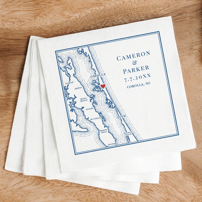 Serviette En Papier Carte de Corolla NC Outer Banks Élégant Mariage Na (Corolla NC Map Wedding Cocktail Napkins Outer Banks in Elegant Navy Blue by Coastal Map Desi)