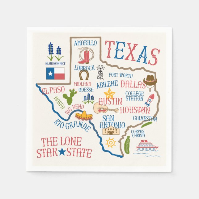 Serviette En Papier Carte des sites du Texas (Devant)
