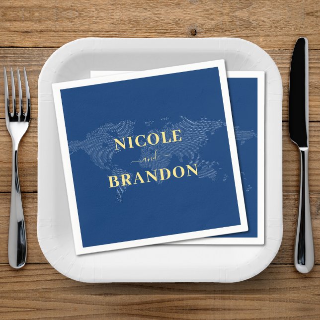 Serviette En Papier Carte du monde bleu Destination Mariage (Blue World Map Destination Wedding Napkins)