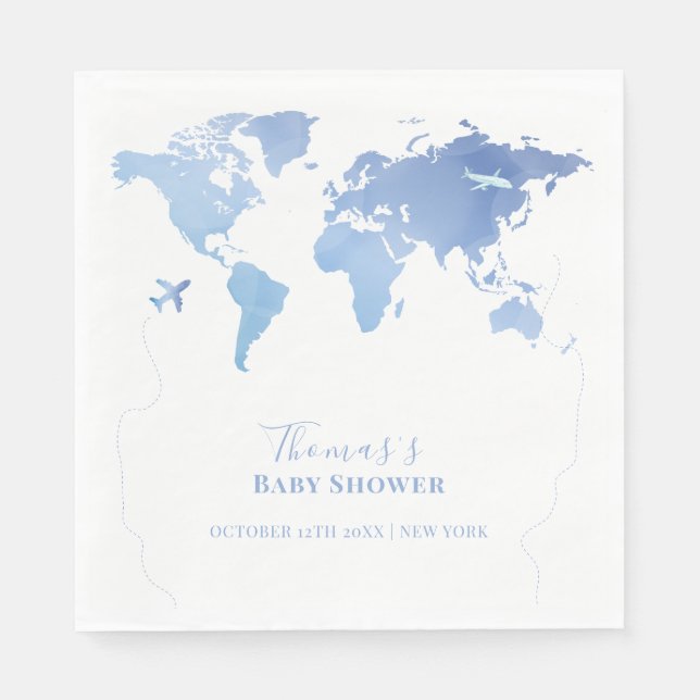 Serviette En Papier Carte du monde bleu Voyage Baby shower d'aventure (Devant)