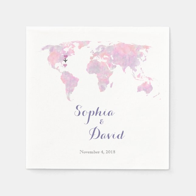 Serviette En Papier Carte du monde de l'aquarelle de mariage de destin (Devant)
