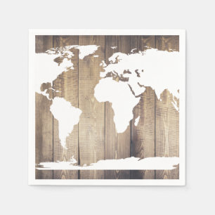 Serviette En Papier Carte du monde du bois blanc et rustique
