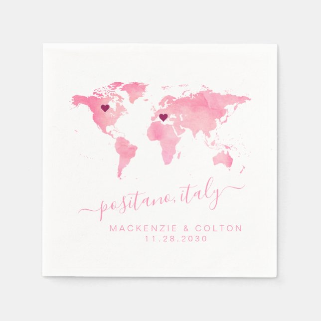 Serviette En Papier Carte du monde rose 2 Coeurs Destination Mariage D (Devant)