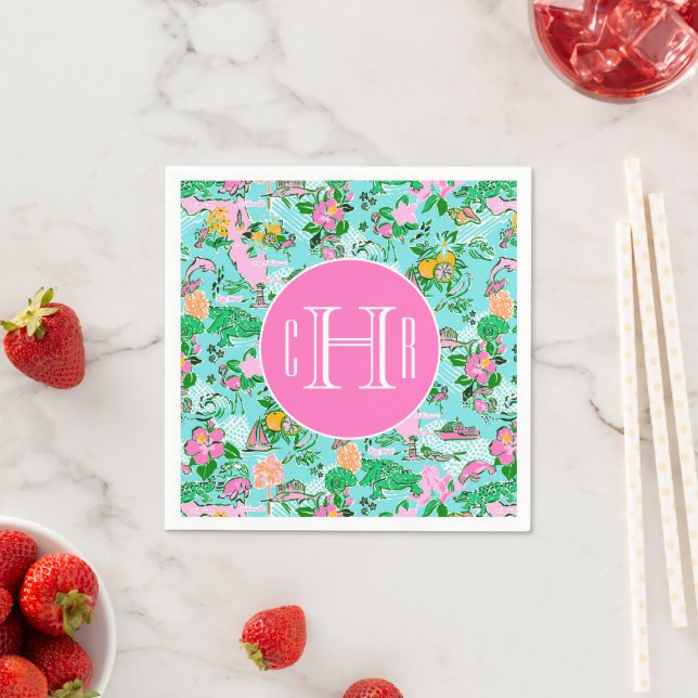 Serviette En Papier Carte Floride Preppy Palm Beach Motif Monogrammé (En situation)