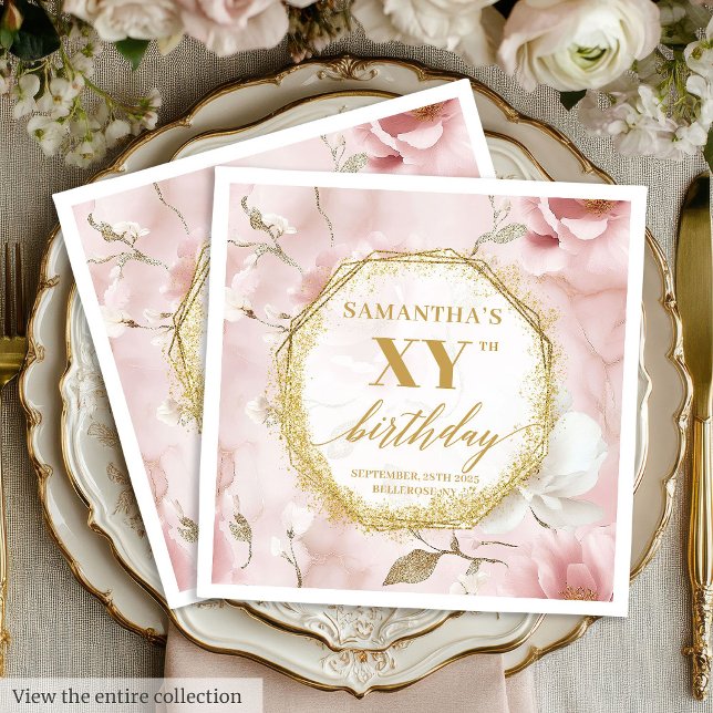 Serviette En Papier Carte Gold Script Flush 80 Anniversaire (Custom Gold Script Blush 80 Birthday Party Napkins)