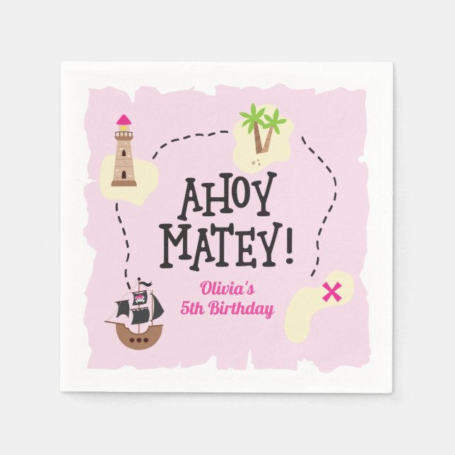 Serviette En Papier Carte Pirate Anniversaire rose (Devant)