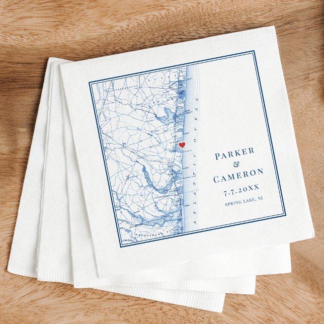 Serviette En Papier Carte Spring Lake New Jersey Mariage élégant (Elegant Spring Lake, New Jersey Wedding Napkins with navy blue map of the Jersey Shore )