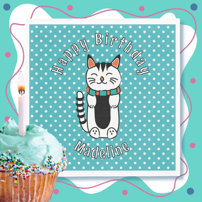 Serviette En Papier Cartoon de chat mignonne Turquoise White Dot Anniv (Créateur téléchargé)
