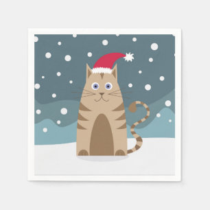 Serviette En Papier Cartoon père Noël chaton dans la forêt de neige