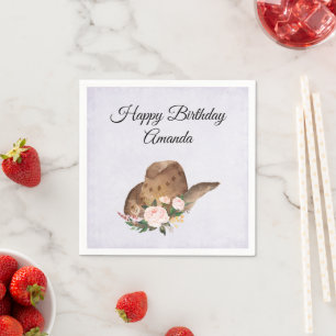 Serviette En Papier Casquette Brown Cowgirl aux fleurs roses Anniversa