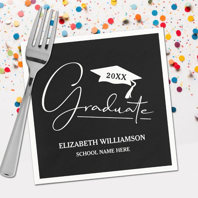 Serviette En Papier Casquette de graduation de script blanc noir (Your name, class year and "Graduate" in a cool script on black school color party napkins)