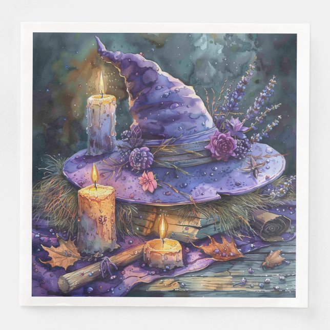 Serviette En Papier Casquette de la sorcière aquarelle avec des fleurs (Devant)