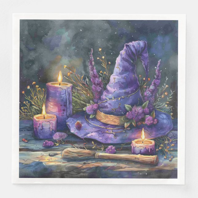 Serviette En Papier Casquette de la sorcière aquarelle avec des fleurs (Devant)