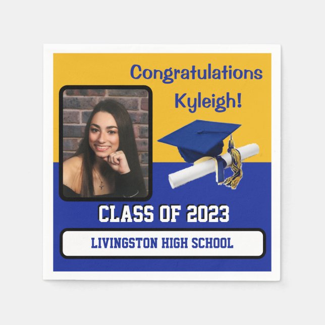 Serviette En Papier Casquette & Diplôme, Royal Blue, Gold & White Grad (Devant)