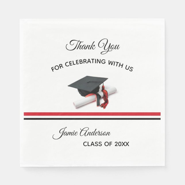 Serviette En Papier Casquette noir et rouge & Tassel | Graduation Part (Devant)