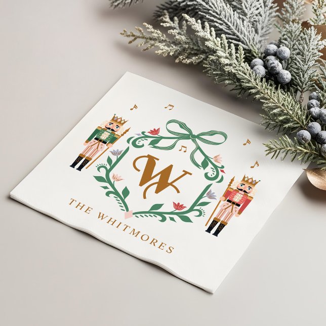 Serviette En Papier Casse-noisettes de Noël Whimsical Monogram Crest B (Whimsical Christmas Nutcracker Monogram Crest Bow Napkins)