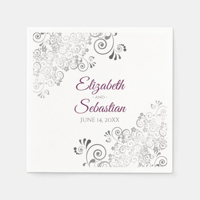 Serviette En Papier Cassis violet avec frites d'argent Mariage élégant (Devant)