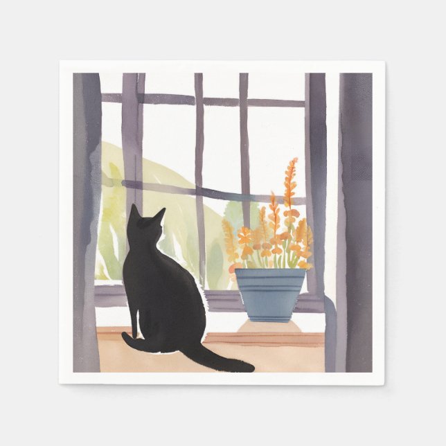 Serviette En Papier Cat in Windowsill | Silhouette Watercolor  (Devant)