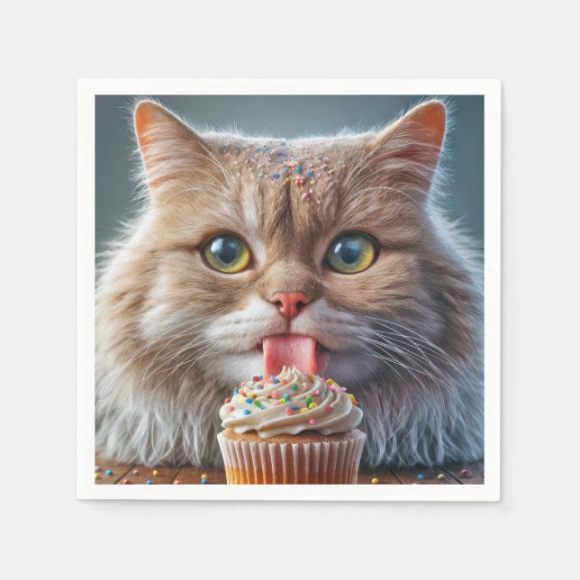 Serviette En Papier Cat Licking A Birday Cupcake (Devant)